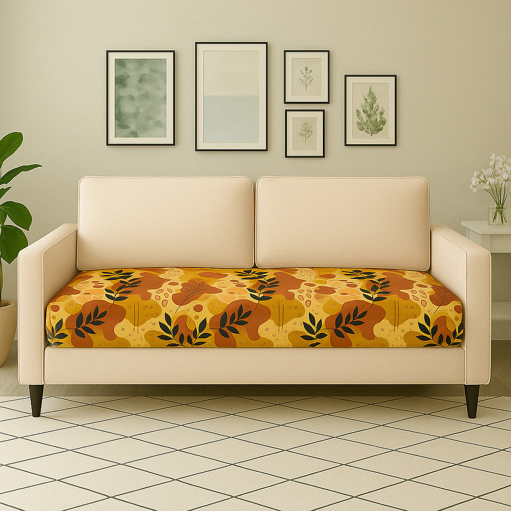 2-Seater Sofa Gaddi Cover | Autumn Botanical Design | Spandex Blend | Yellow & Black | 21x42-22x43