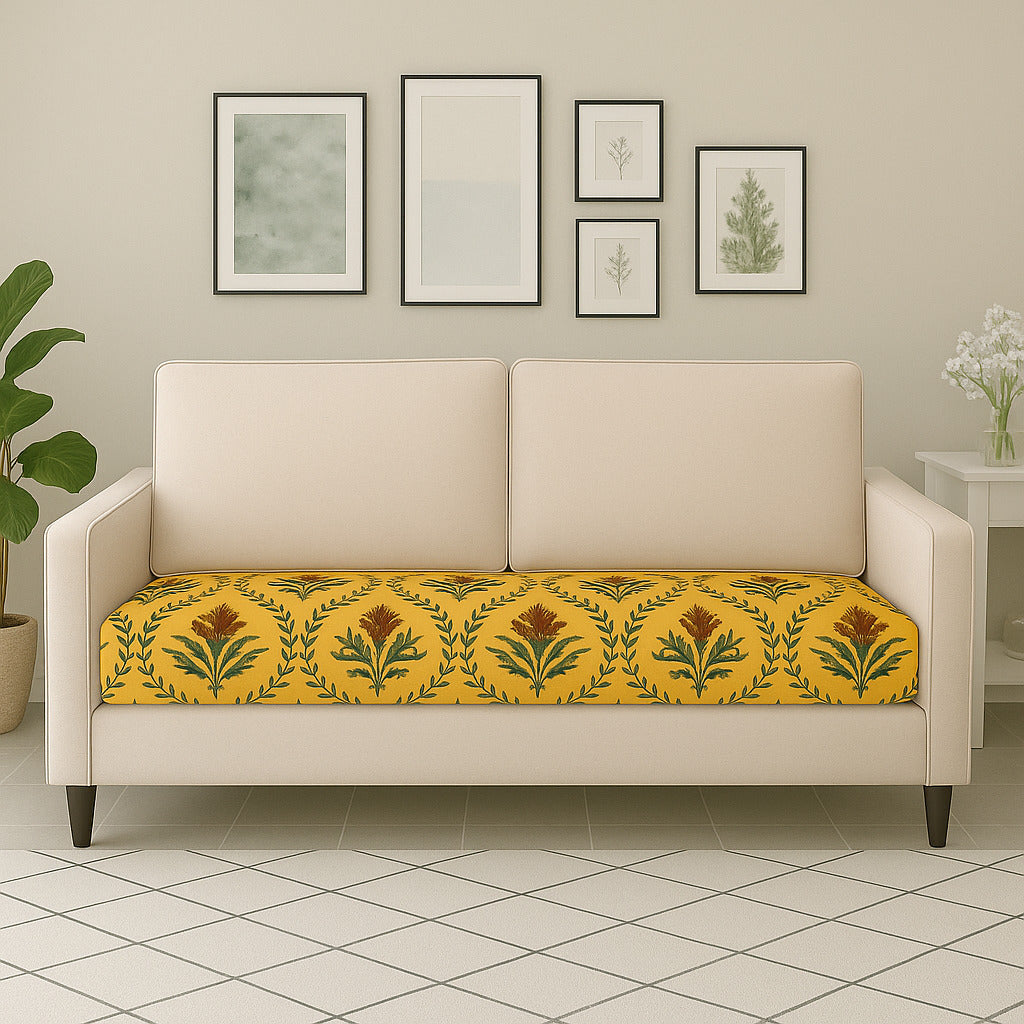 2-Seater Sofa Gaddi Cover | Seamless Floral Print | Spandex Blend | Blue-Green-Yellow | 21x42-22x43 (Copy)