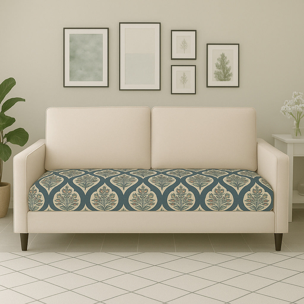 3-Seater Sofa Gaddi Cover | Mughal Art Print | Spandex Blend | Dusty Turquoise | 21x63-22x64