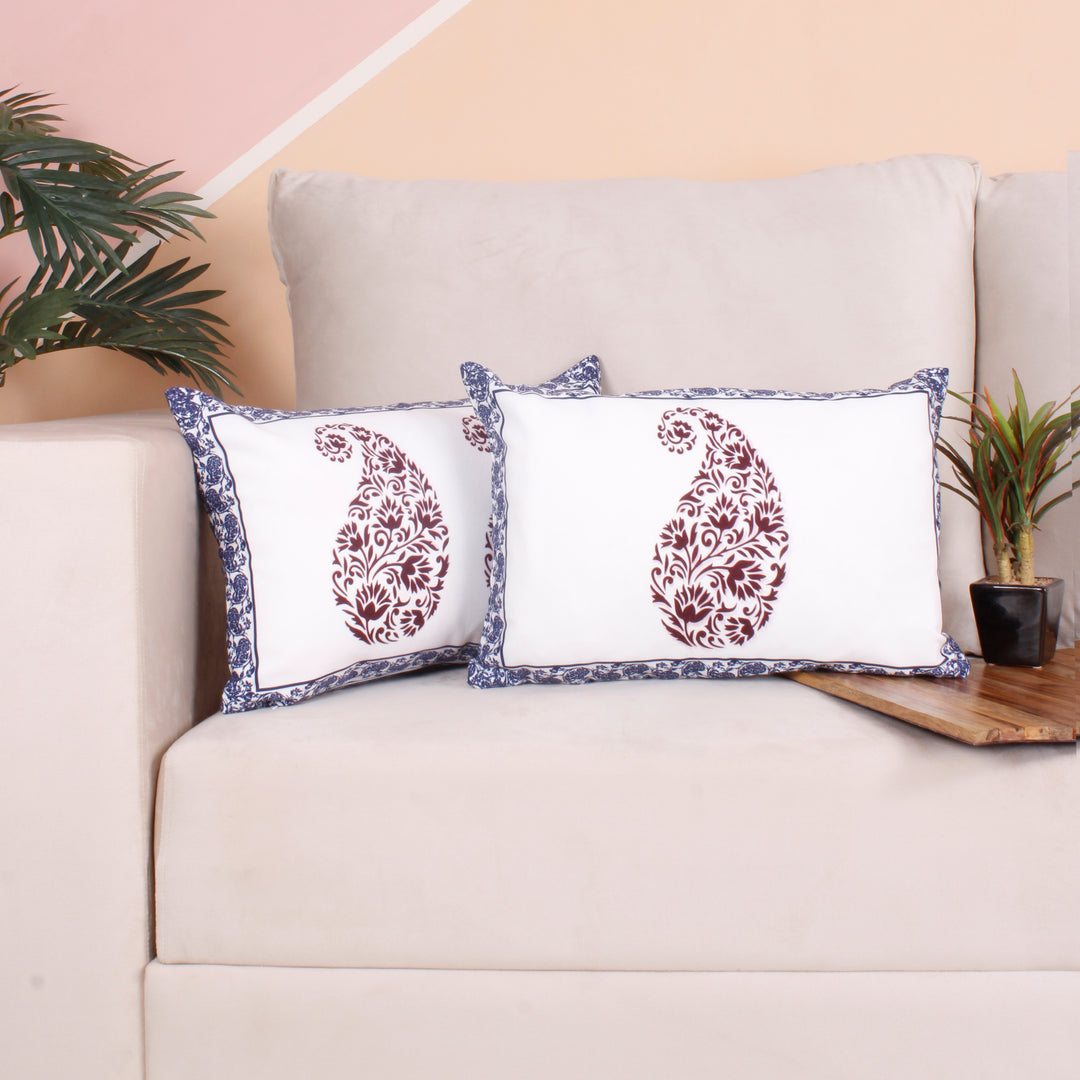 Both Side Block Print Spring Paisley Maroon Cushion Cover Set of 2 ( 12 X 18 Inches )