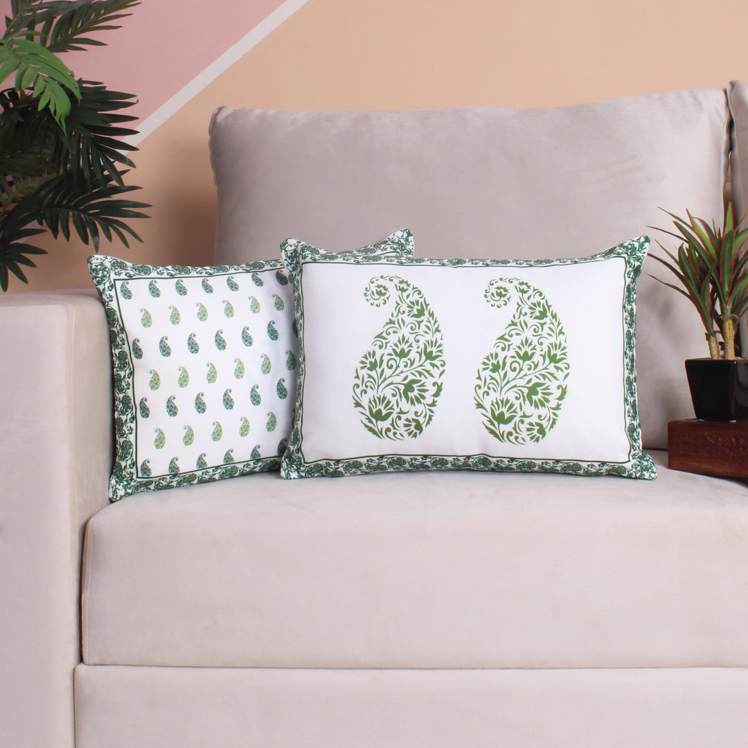 Both Side Block Print Spring Paisley Green Cushion Cover Set of 2 ( 12 X 18 Inches )