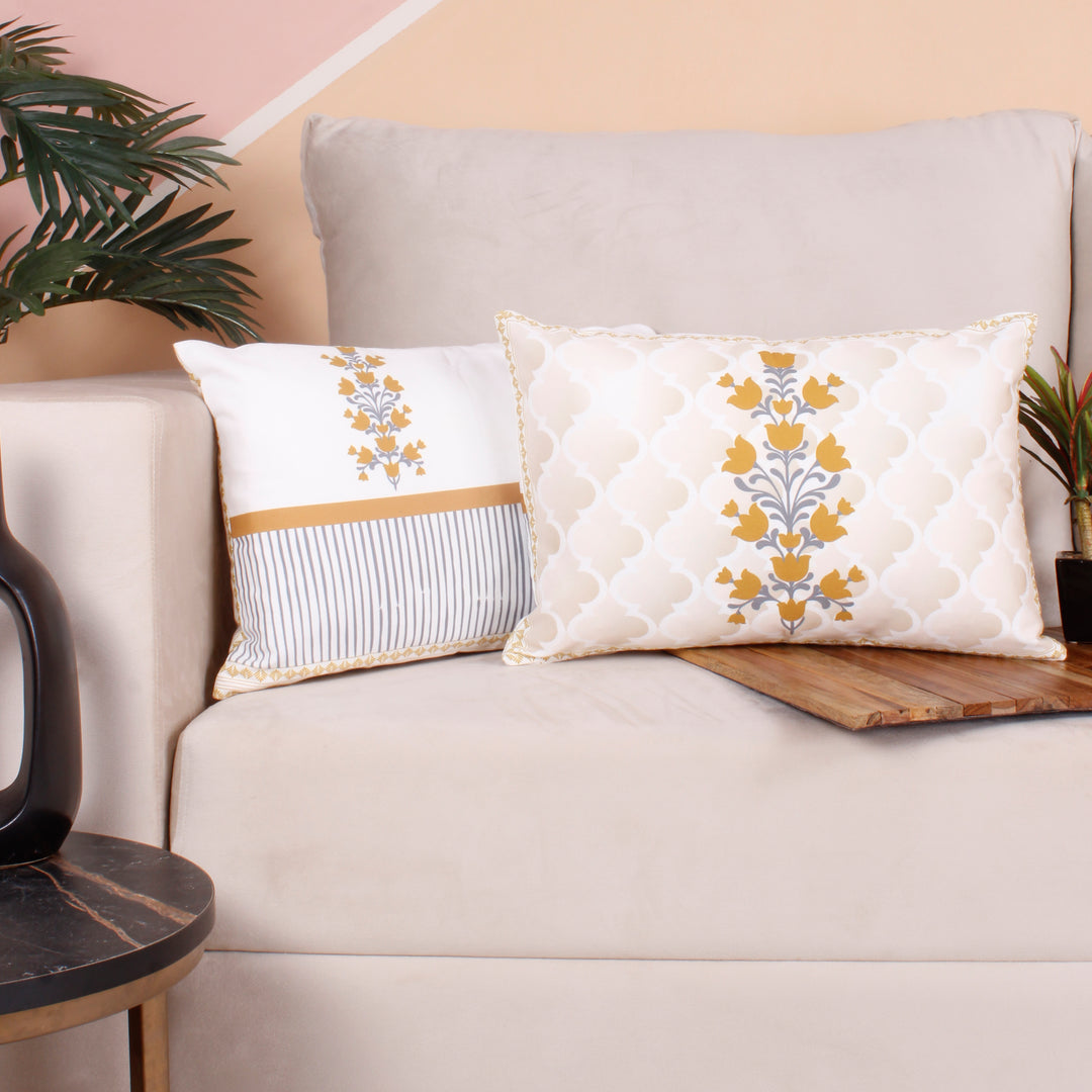 Both Side Block Print Summer Buds Cushion Cover Set of 2 ( 12 X 18 Inches )