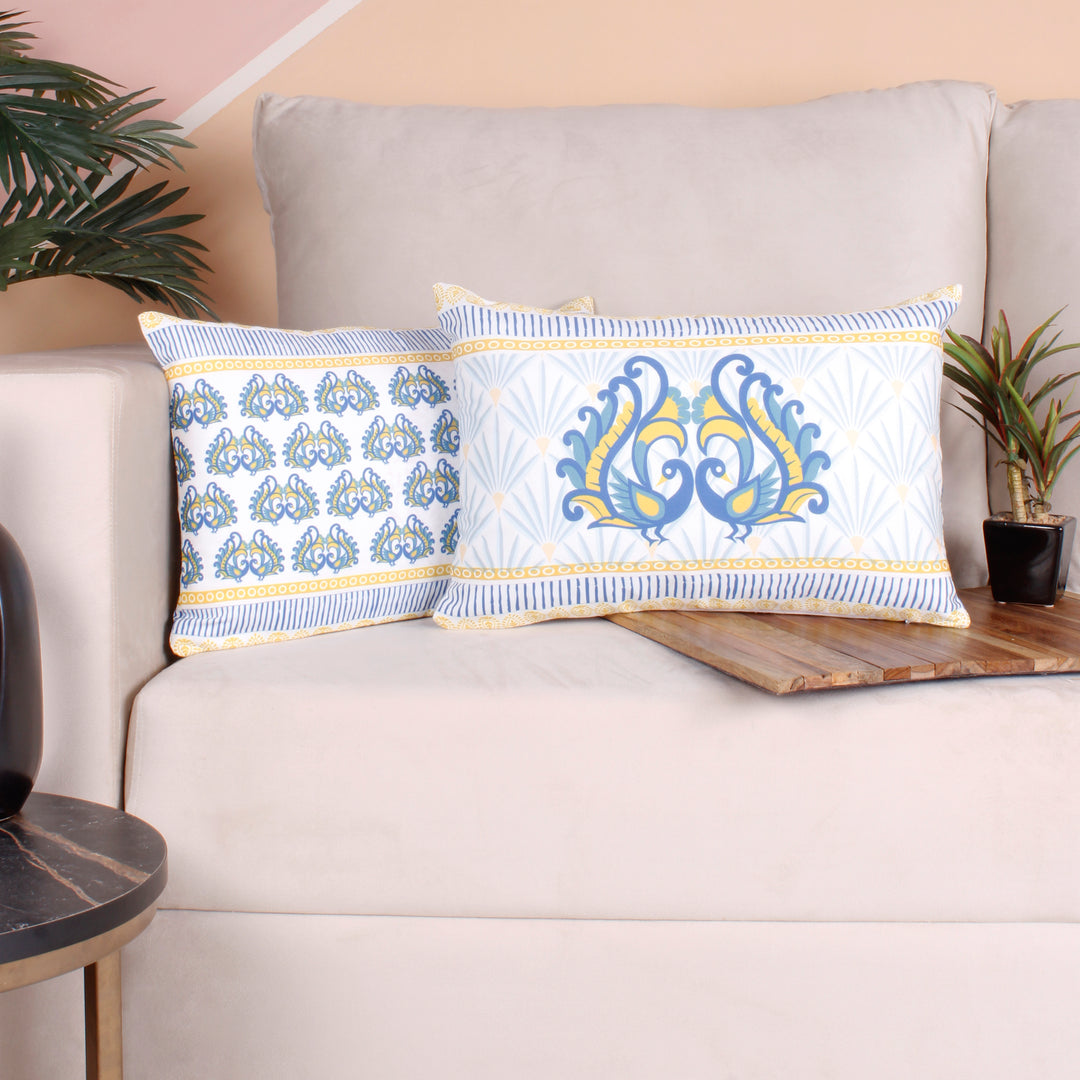 Both Side Block Print Peacock Cushion Cover Set of 2 ( 12 X 18 Inches )