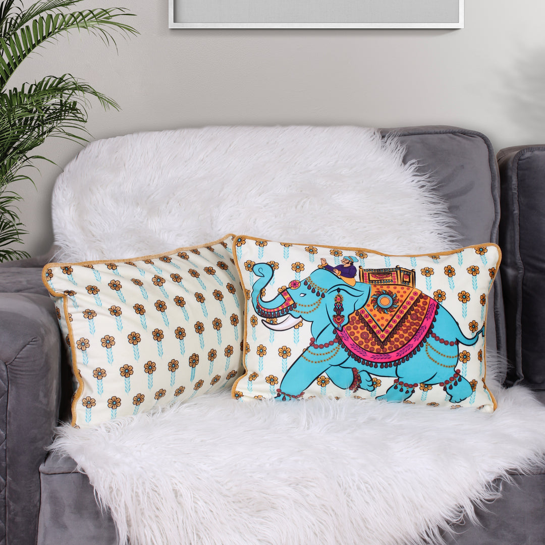 Jewelled Elephant Both Sided Printed Velvet Rectagular Cushion Cover with Piping (Set of 2)