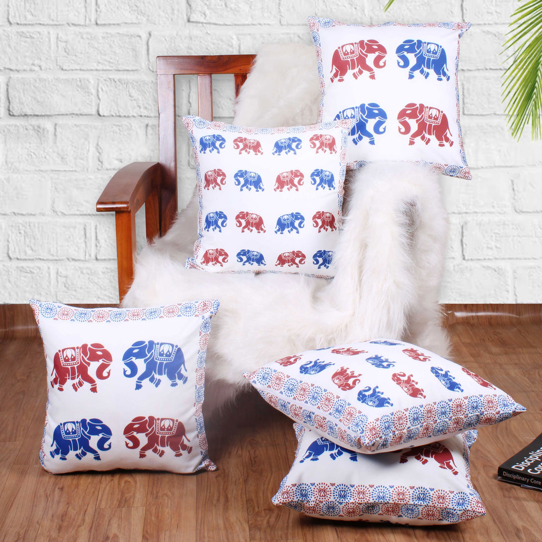 Both Side Block Print Elephant Cushion Cover Set of 5