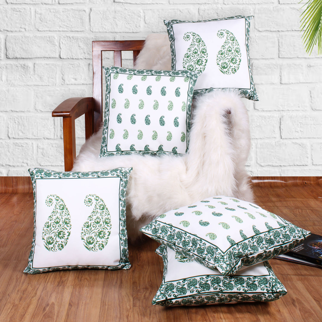 Both Side Block Print Spring Paisley Green Cushion Cover Set of 5