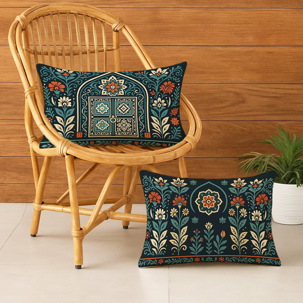 Satin Rajasthani Haveli Door & Floral Arch Design Cushion Covers| 12x18 Inches | Set of 2