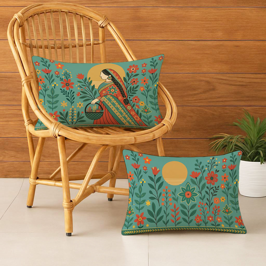 Satin Elegant Woman in Saree with Basket & Flowers Cushion Covers | 12x18 Inches | Set of 2