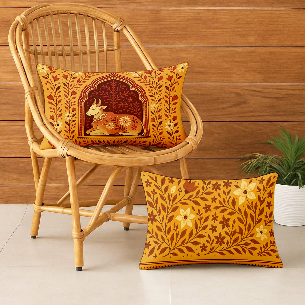 Satin Traditional Cow and Floral Design in Rajasthani Style Cushion Covers | 12x18 Inches | Set of 2