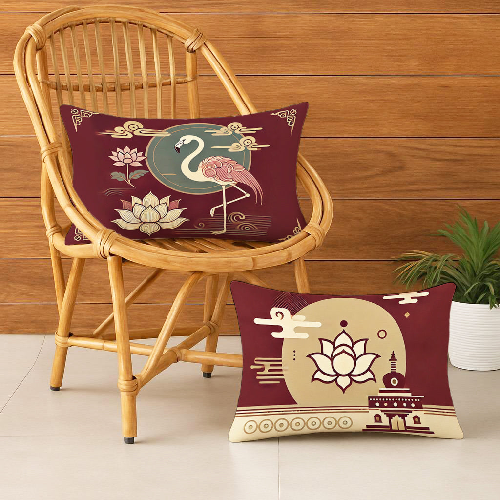 Satin Oriental Flamingo & Lotus Print in Maroon and Gold Cushion Covers | 12x18 Inches | Set of 2