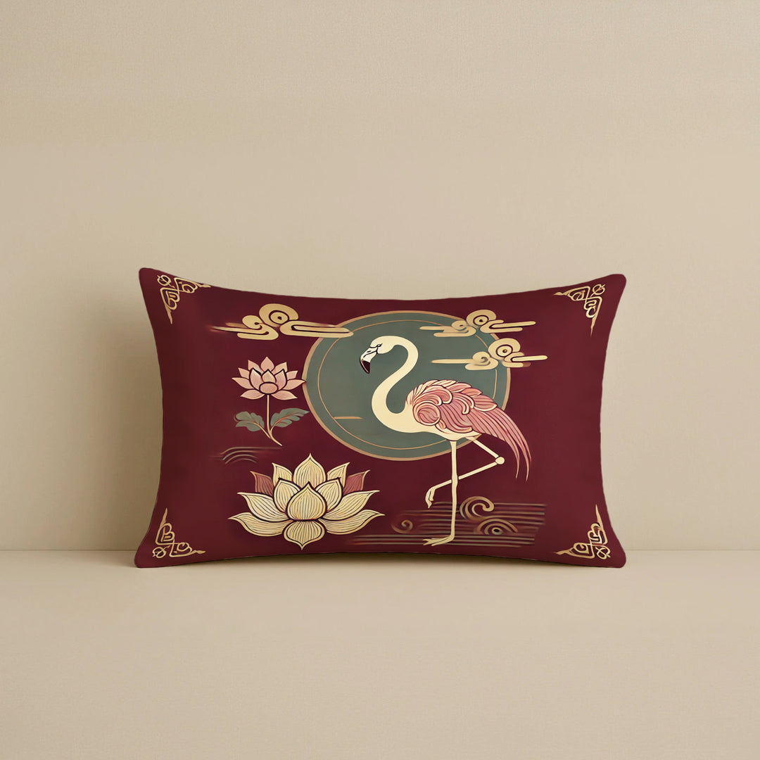 Satin Oriental Flamingo & Lotus Print in Maroon and Gold Cushion Covers | 12x18 Inches | Set of 2