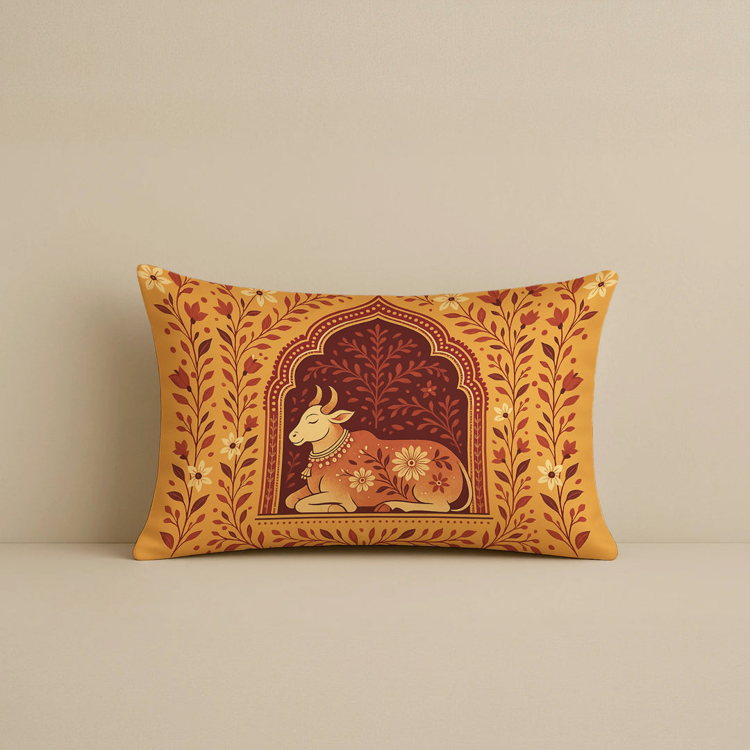Satin Traditional Cow and Floral Design in Rajasthani Style Cushion Covers | 12x18 Inches | Set of 2