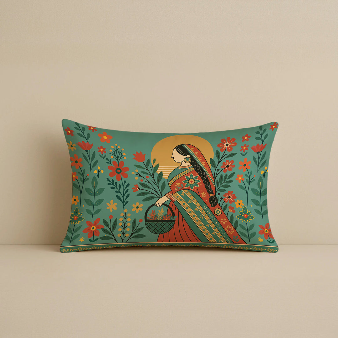 Satin Elegant Woman in Saree with Basket & Flowers Cushion Covers | 12x18 Inches | Set of 2