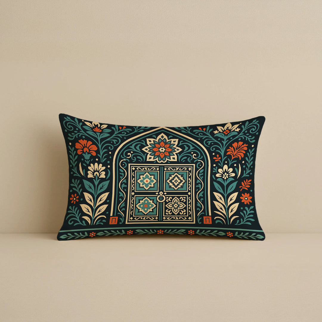Satin Rajasthani Haveli Door & Floral Arch Design Cushion Covers| 12x18 Inches | Set of 2