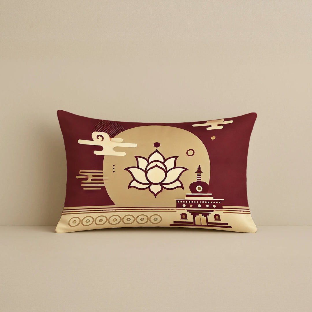 Satin Oriental Flamingo & Lotus Print in Maroon and Gold Cushion Covers | 12x18 Inches | Set of 2