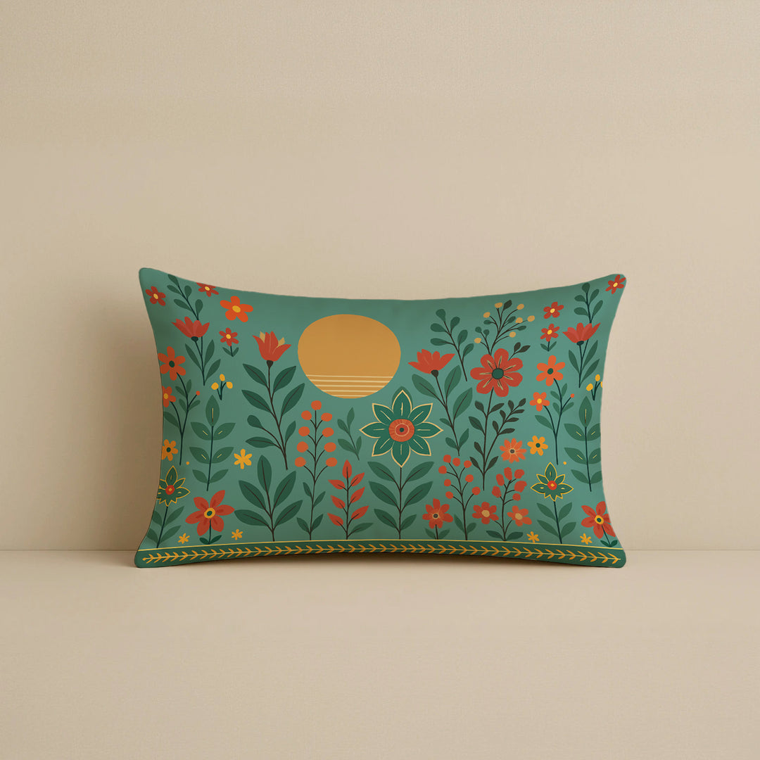 Satin Elegant Woman in Saree with Basket & Flowers Cushion Covers | 12x18 Inches | Set of 2