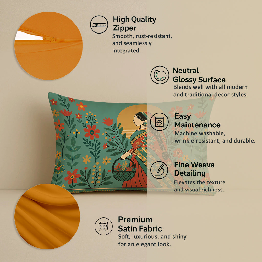 Satin Elegant Woman in Saree with Basket & Flowers Cushion Covers | 12x18 Inches | Set of 2