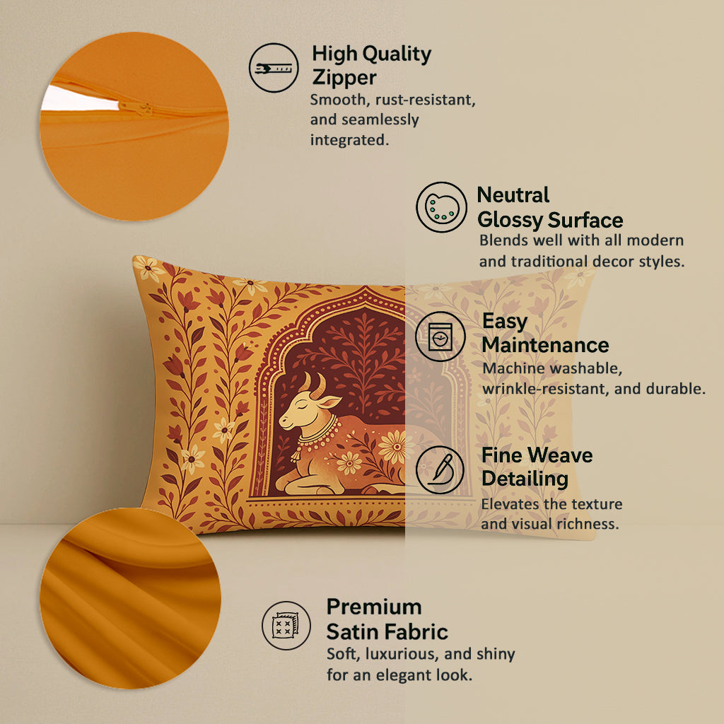Satin Traditional Cow and Floral Design in Rajasthani Style Cushion Covers | 12x18 Inches | Set of 2