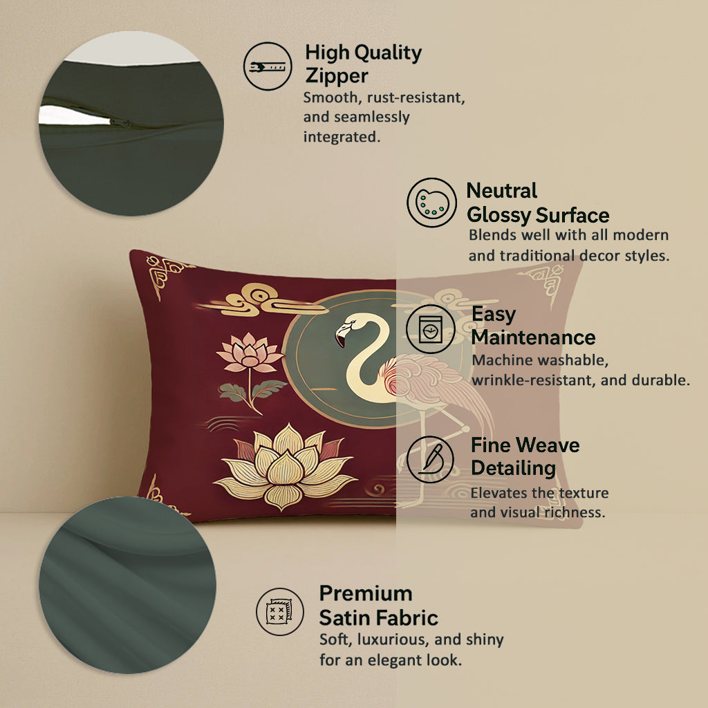 Satin Oriental Flamingo & Lotus Print in Maroon and Gold Cushion Covers | 12x18 Inches | Set of 2