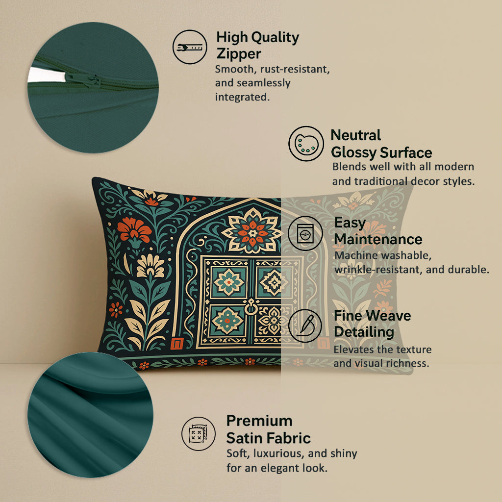 Satin Rajasthani Haveli Door & Floral Arch Design Cushion Covers| 12x18 Inches | Set of 2