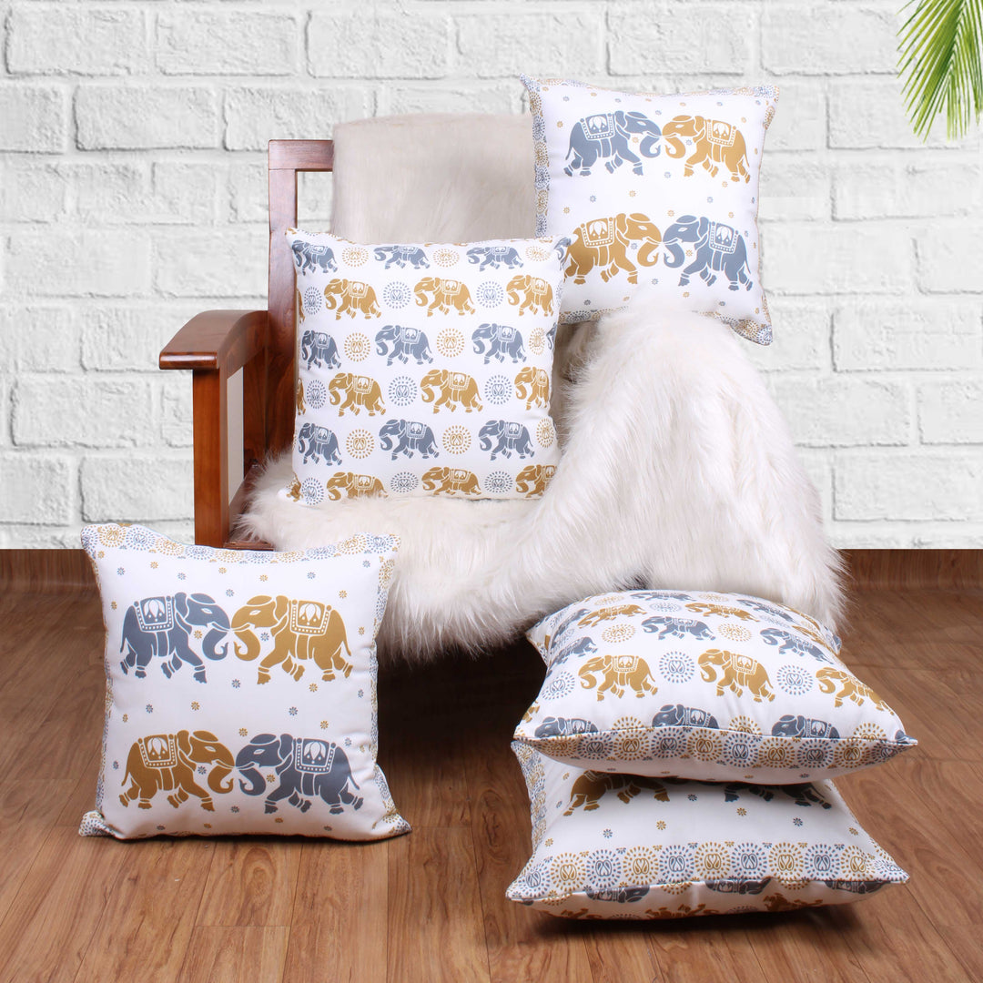 Both Side Block Print Elephant Cushion Cover Set of 5