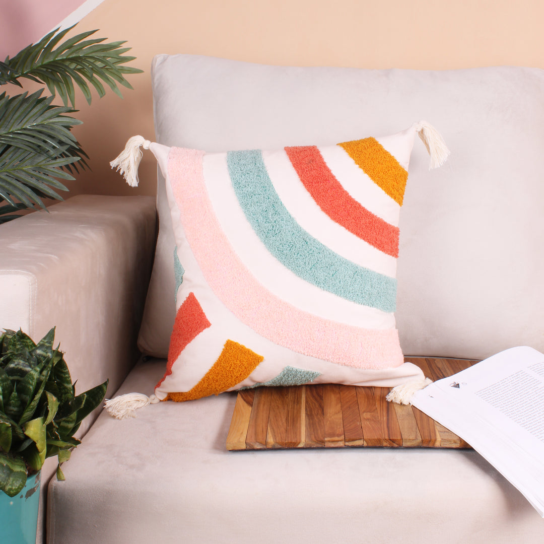 Rainbow Tufted Cushion Cover with Tassel 16 X 16 Inches Pack of 1