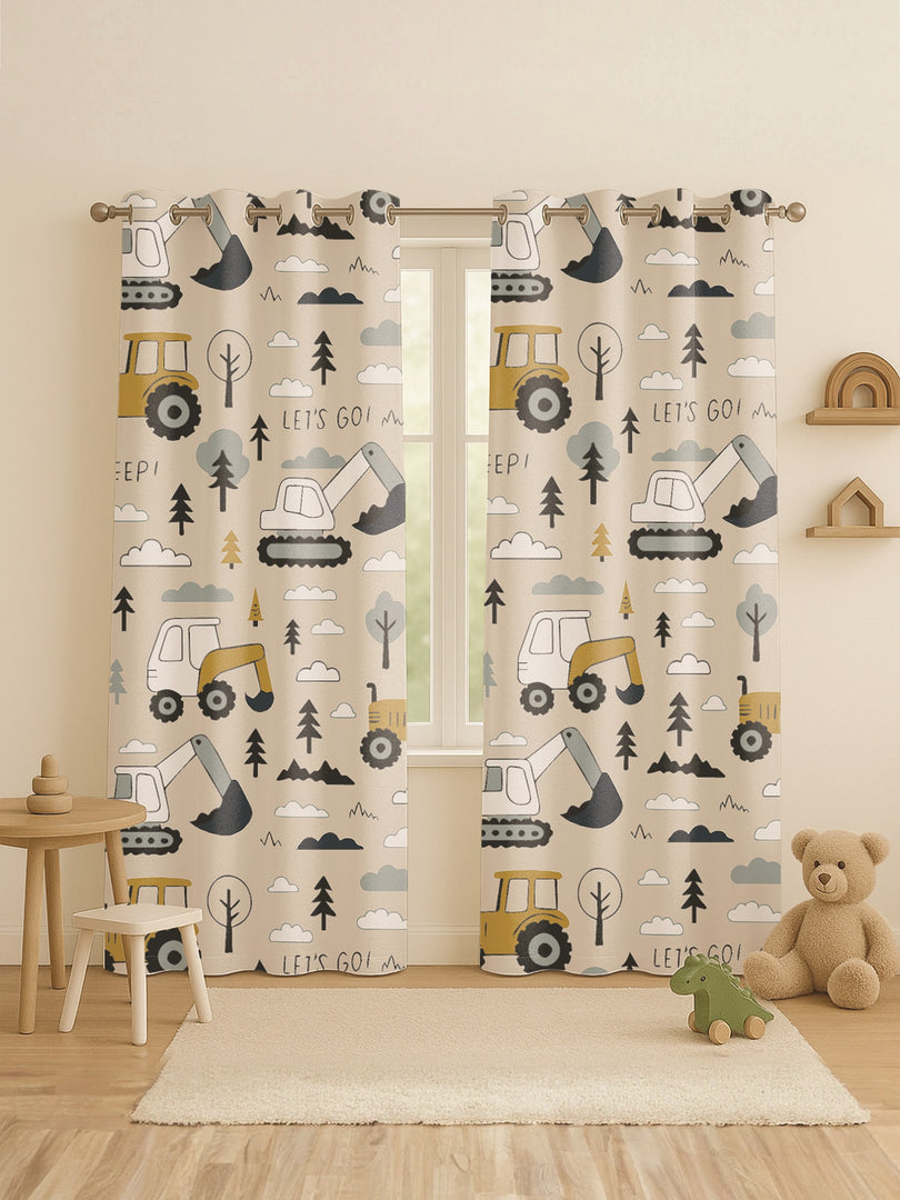 Kids Velvet Curtain | Little Tractors print | 7 feet | Set of 2