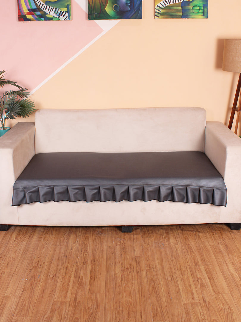 Leatherite Sofa Slip Cover Protector with Frill, Dark Grey