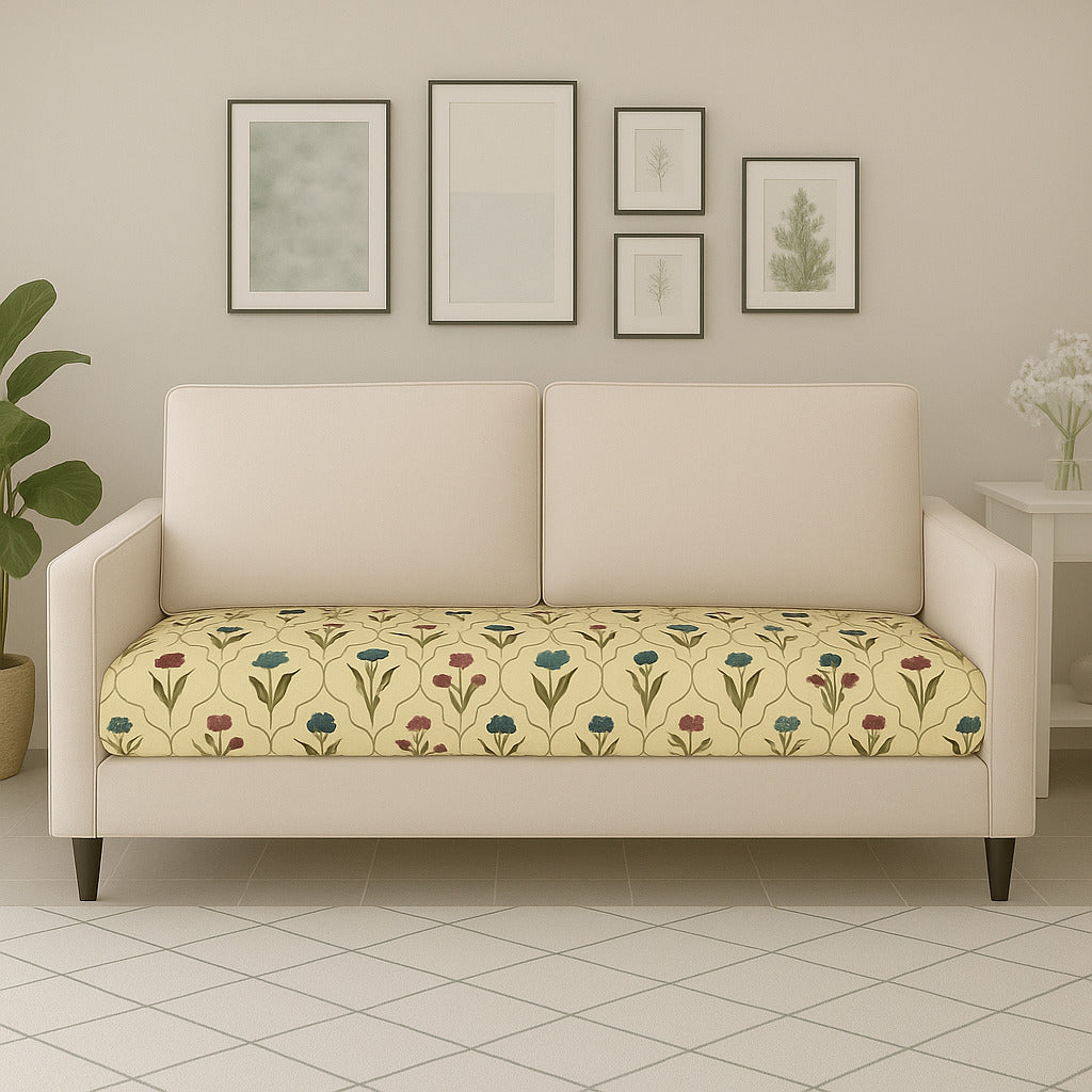 2-Seater Sofa Gaddi Cover | Mughal Trellis Design | Spandex Blend | Antique Cream | 21x42-22x43"
