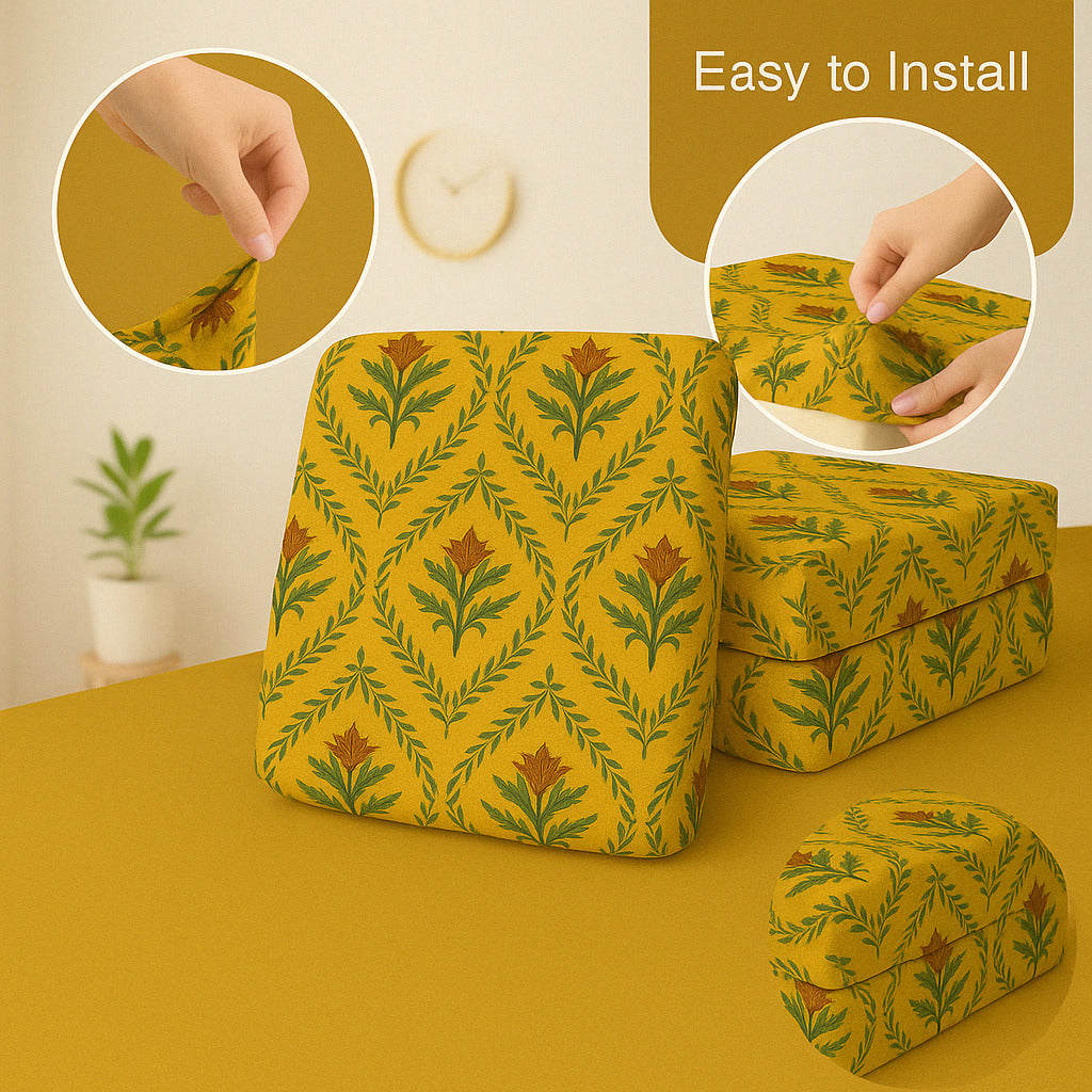 3-Seater Sofa Gaddi Cover | Traditional Floral Design | Mustard & Olive | Spandex | 21x63-22x64