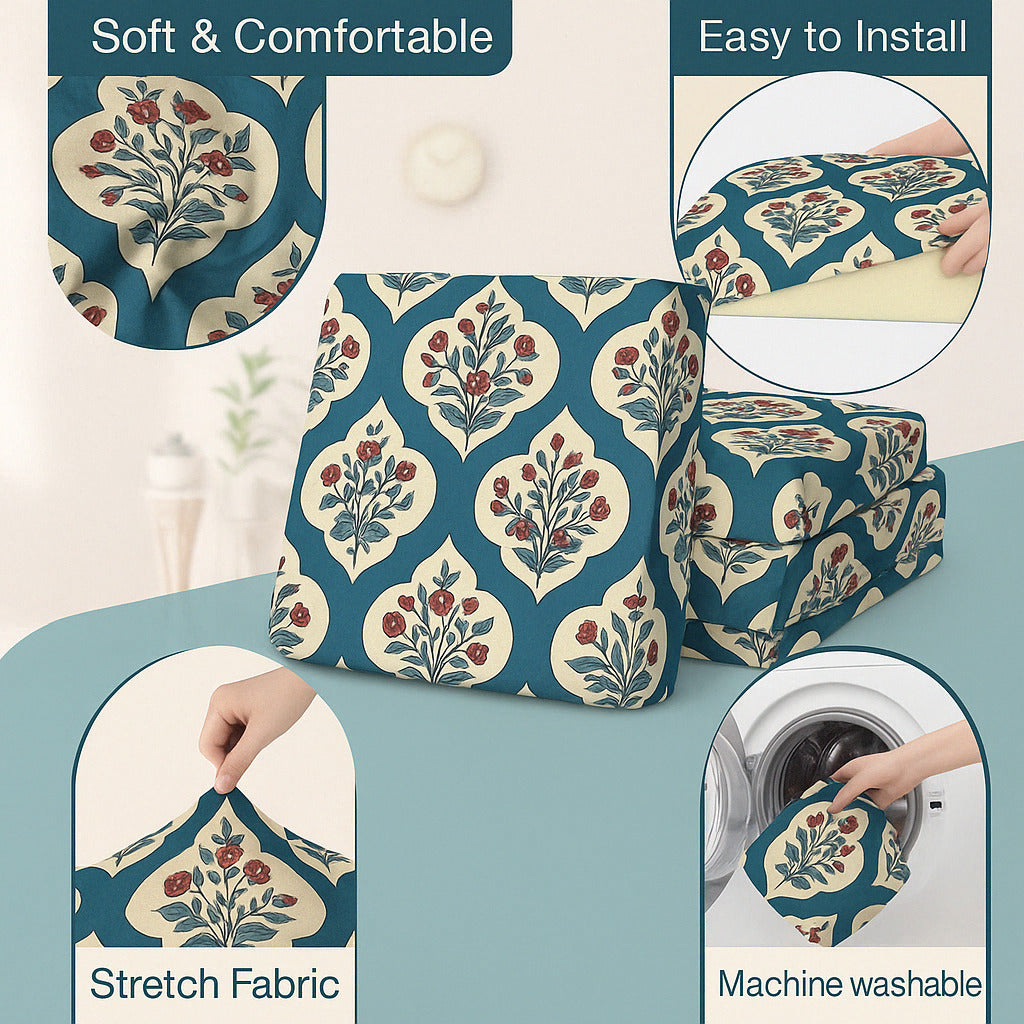 3-Seater Sofa Gaddi Cover | Mughal Art Print | Spandex Blend | Dusty Turquoise | 21x63-22x64