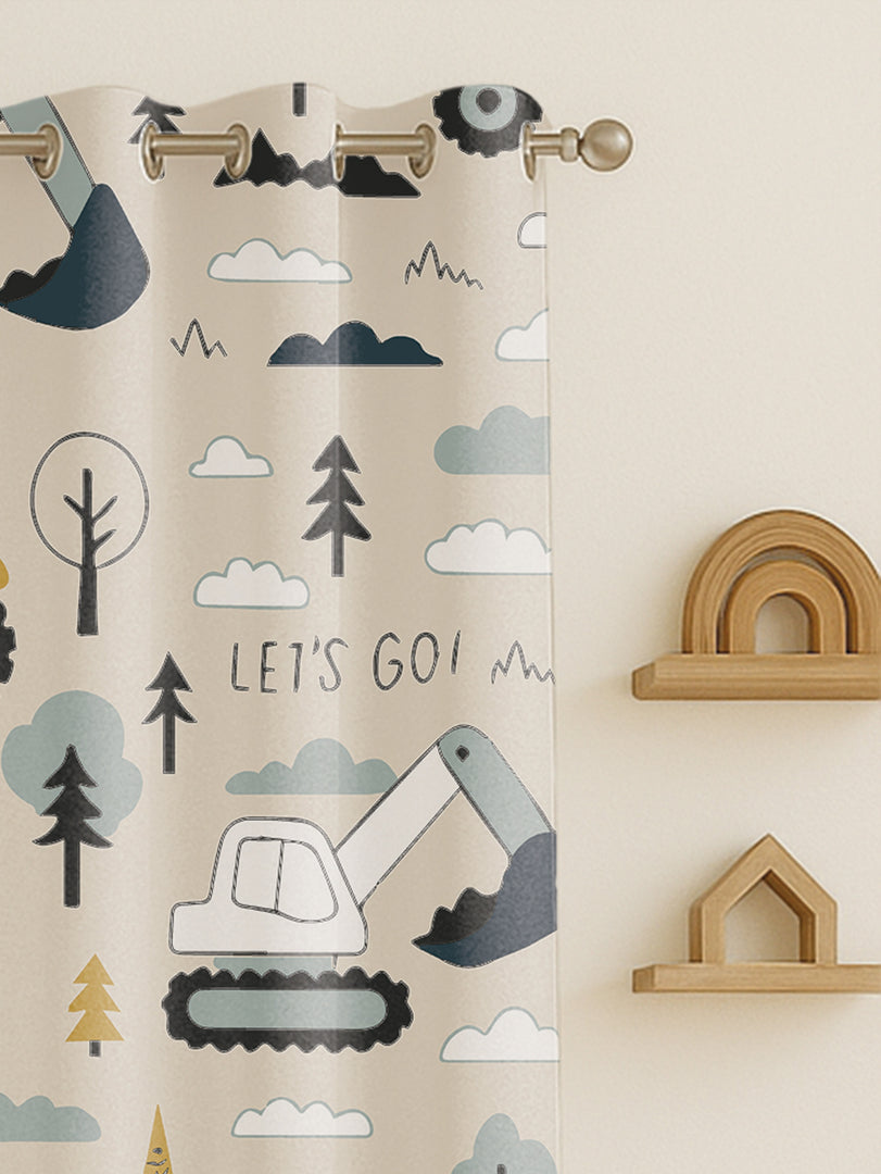 Kids Velvet Curtain | Little Tractors print | 7 feet | Set of 2