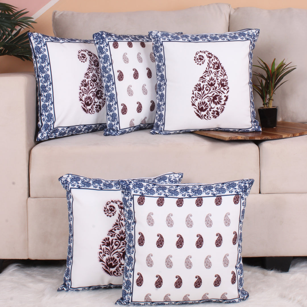 Both Side Block Print Spring Paisley Maroon Cushion Cover Set of 5