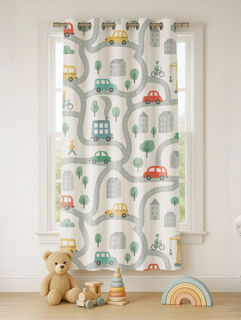 Kids Velvet Curtain | Urban Traffic print | 5 feet | Set of 1