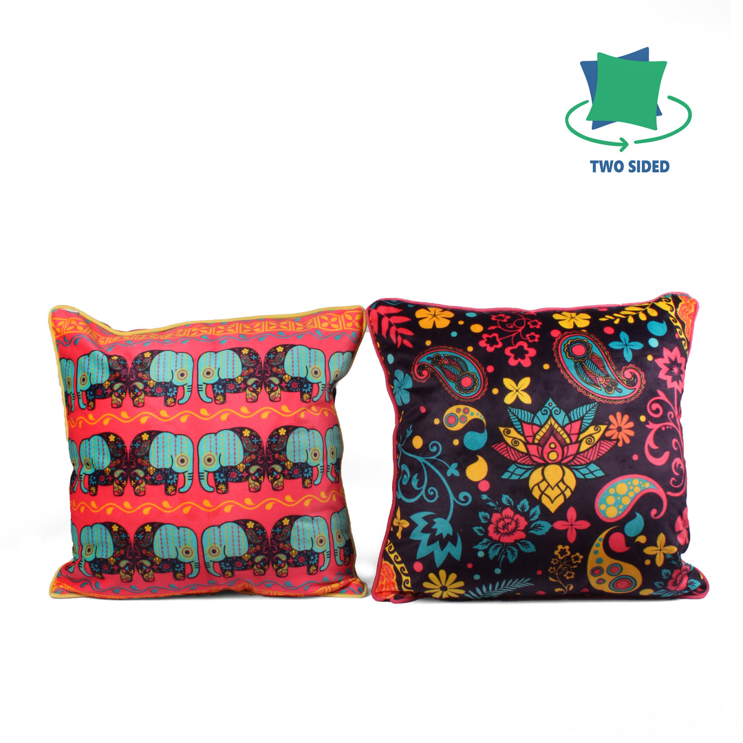 Paisley Elephant Both Sided Printed Velvet Cushion Cover with Piping (Set of 2)