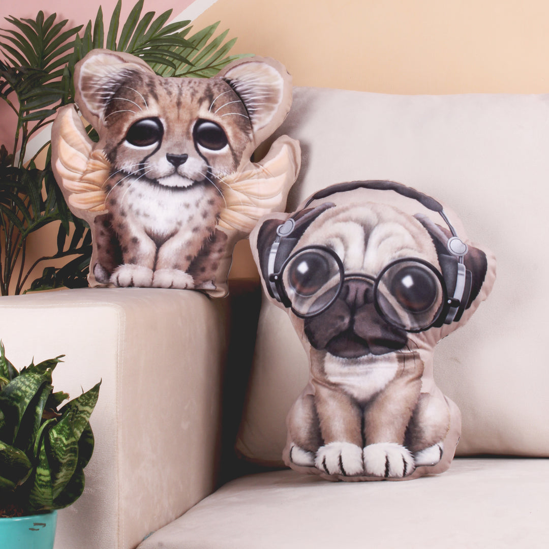 Pack of 2 Addorable Cuddly and Perfect Plush Cute Shaped Cushion for all ages - Wings Cat & Pug Dog