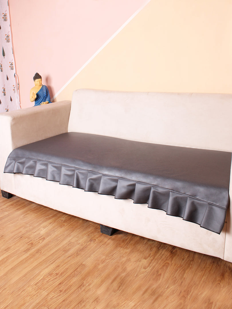 Leatherite Sofa Slip Cover Protector with Frill, Dark Grey