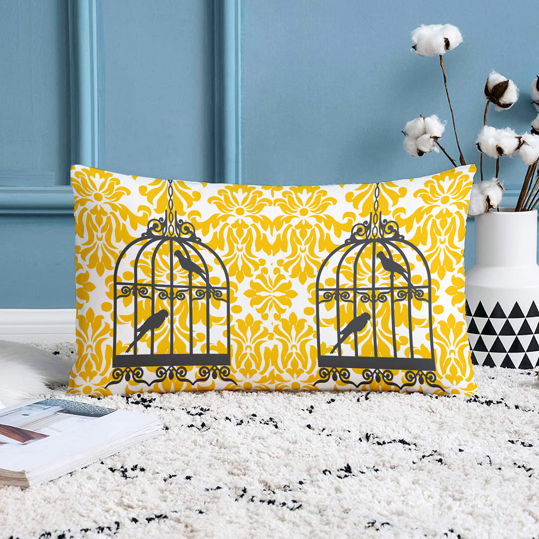 Soft Touch Luxurious Yellow Bird Printed Cotton Canvas Rectangular Cushion Cover Set of 2