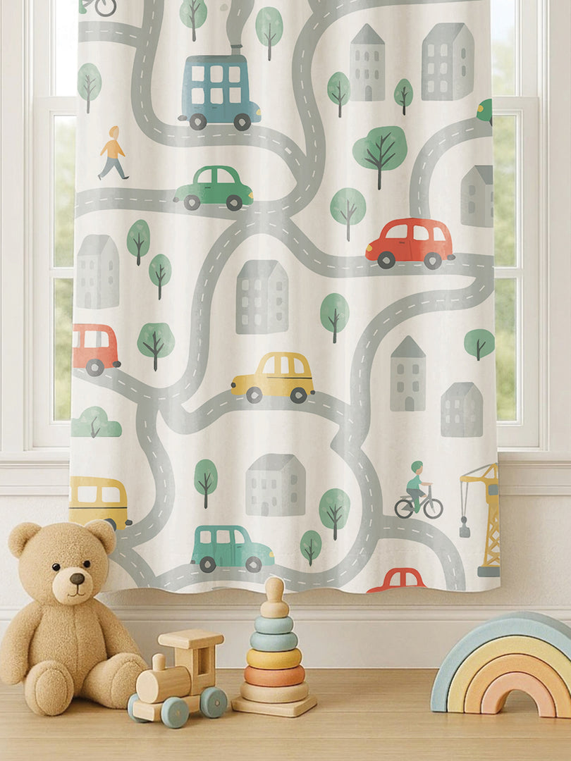 Kids Velvet Curtain | Urban Traffic print | 5 feet | Set of 1