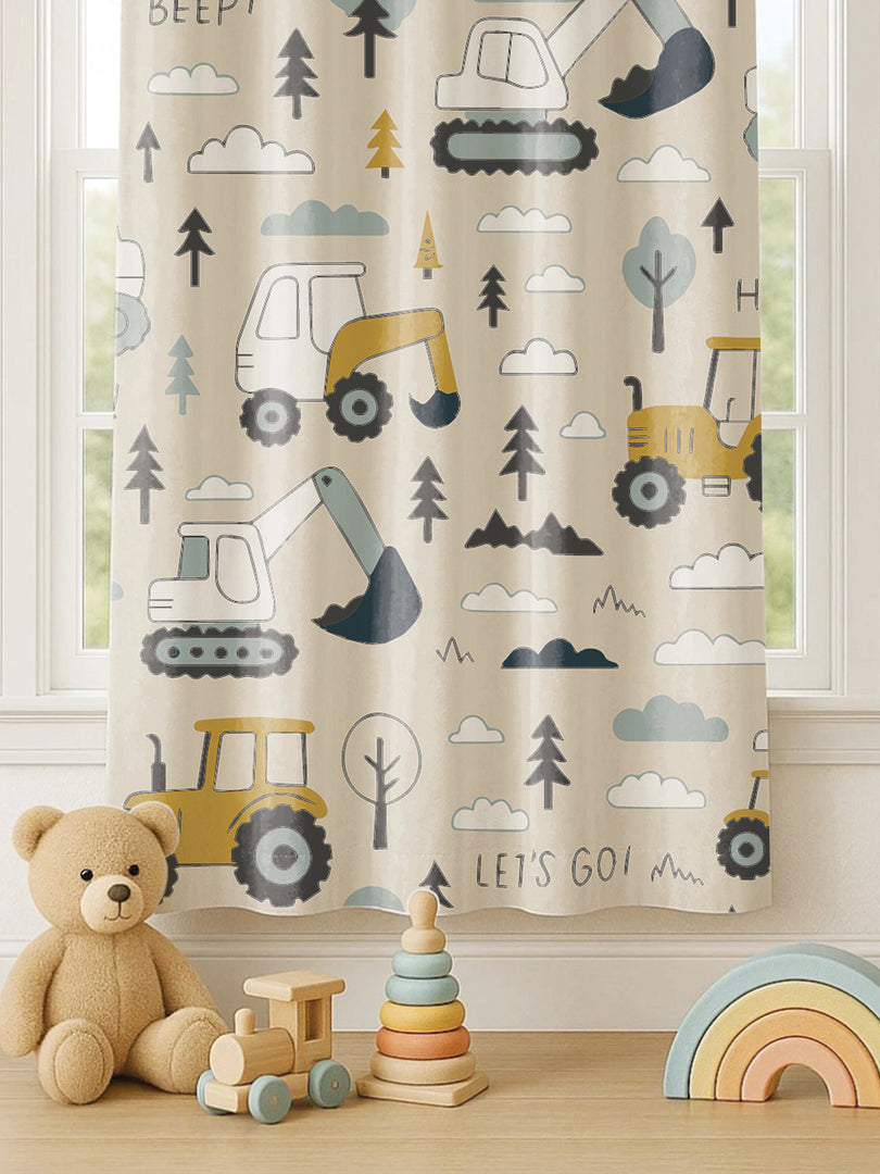 Kids Velvet Curtain | Little Tractors print | 7 feet | Set of 2