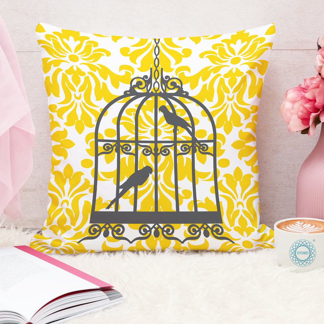 Soft Touch Luxurious Yellow Bird Printed Cotton Canvas Cushion Cover Set of 2