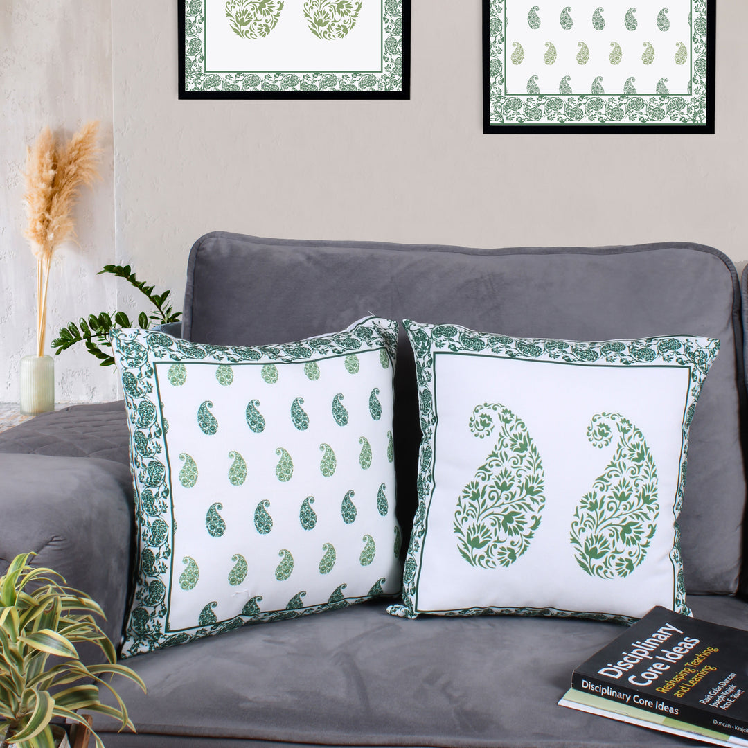 Both Side Block Print Spring Paisley Green Cushion Cover Set of 2