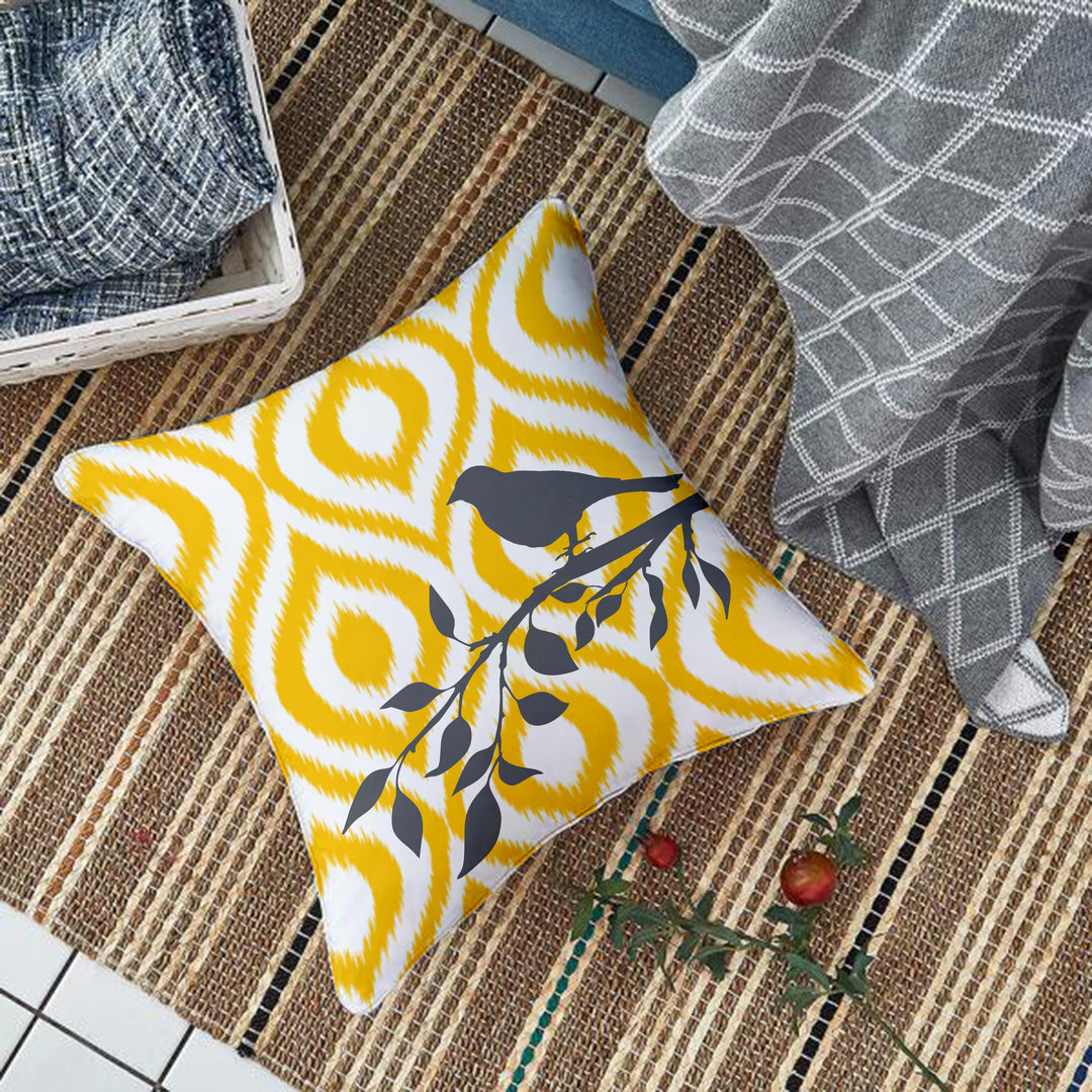 Soft Touch Luxurious Yellow Bird Printed Cotton Canvas Cushion Cover Set of 2