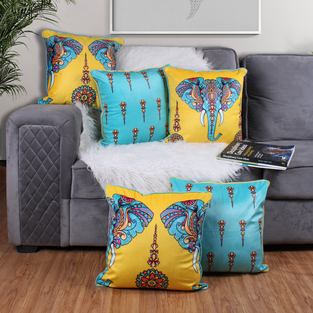 Exotic Elephant Both Sided Printed Velvet Cushion Cover with Piping (Set of 5)