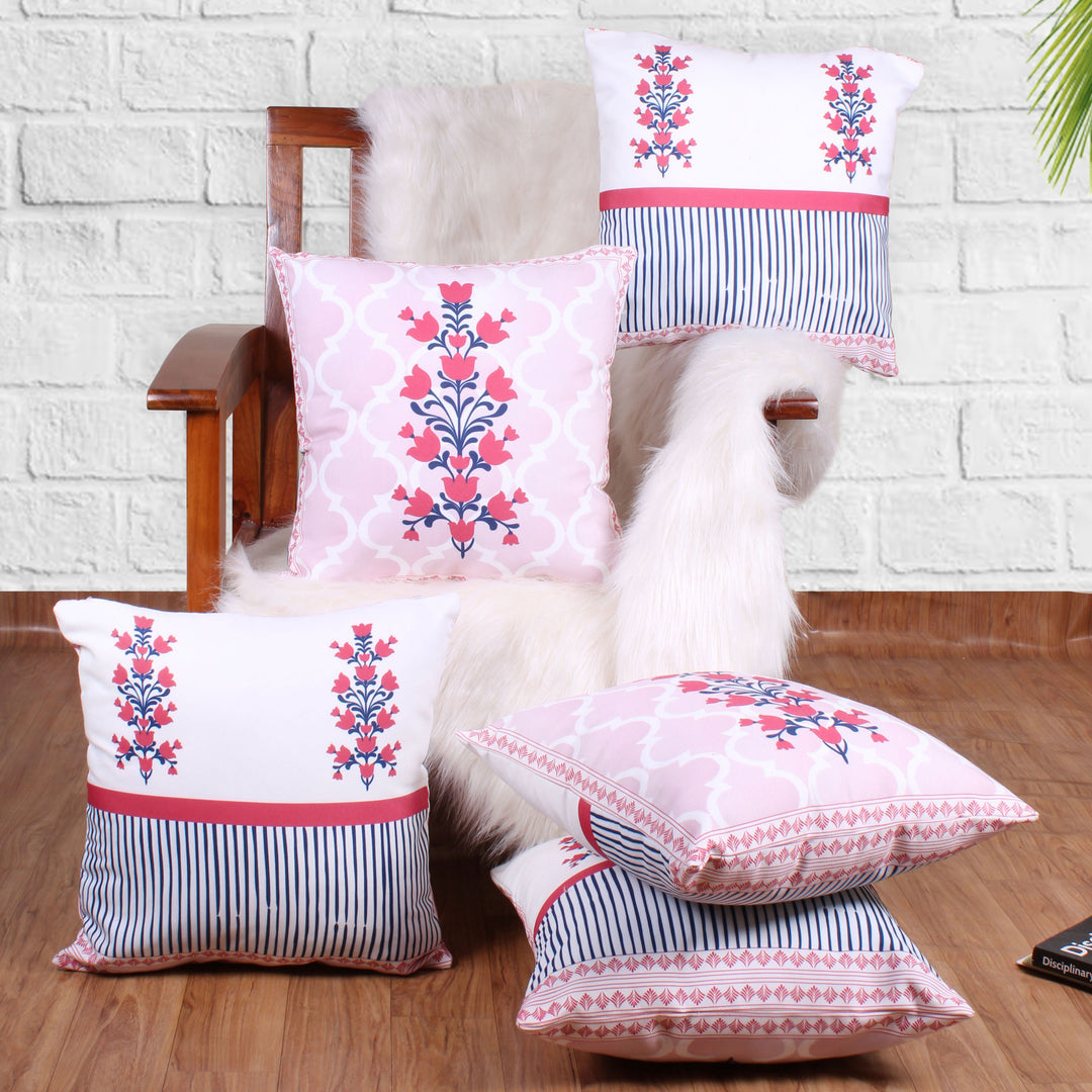 Both Side Block Print Summer Buds Cushion Cover Set of 5