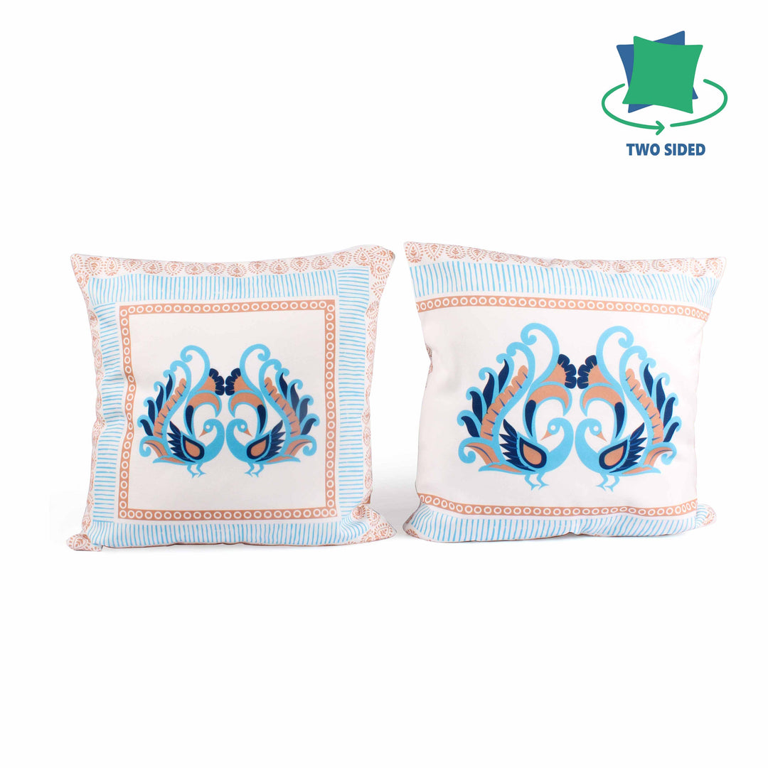 Both Side Block Print Peacock Cushion Cover Set of 2