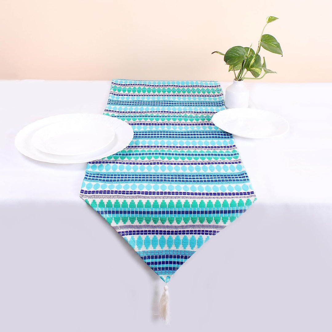 Aztec Blue Woven Fabric Table Runner with Tassel