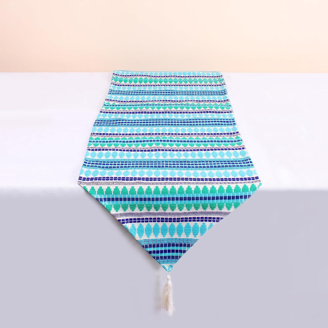 Aztec Blue Woven Fabric Table Runner with Tassel