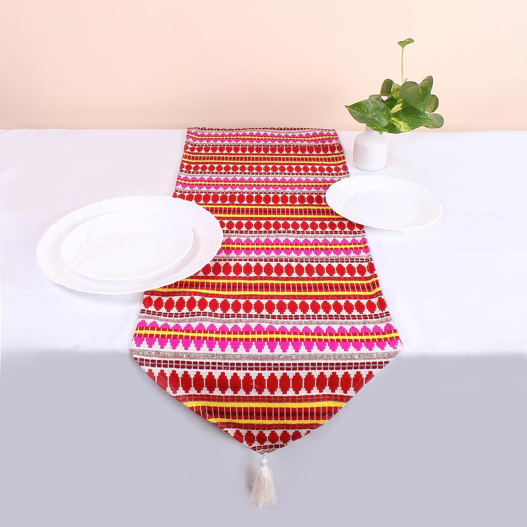 Aztec Red Woven Fabric Table Runner with Tassel
