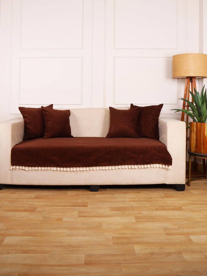 Brown Chenille Sofa Cover 70x30 Inch – Soft, Durable & Textured Fabric with Tassels | Sofa for Living Room, Bedroom, or Drawing Room